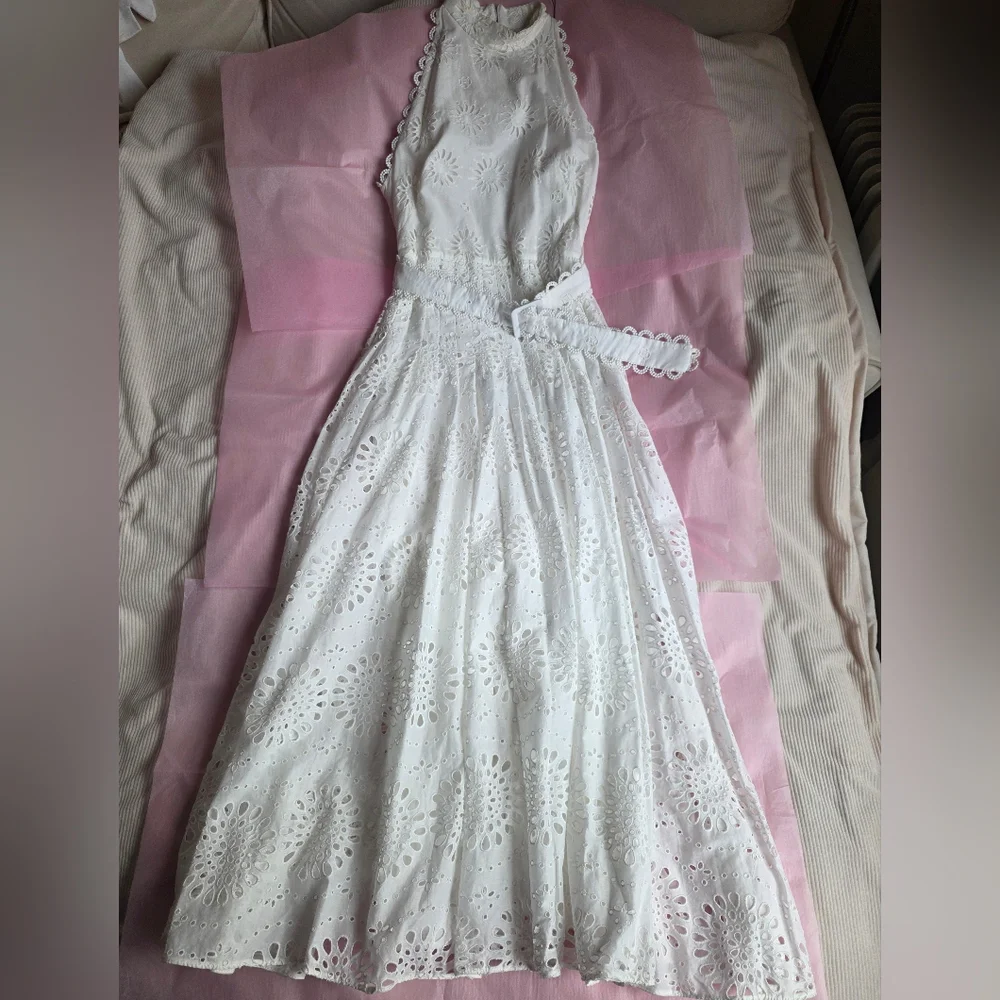 ZARA Openwork Embroidered Midi Dress ZW COLLECTION oyster white Nwt - Picture 4 of 16